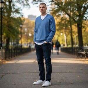 J Crew Sweater Men Size Large Tall Blue Heathered V-Neck Long Sleeve Cotton